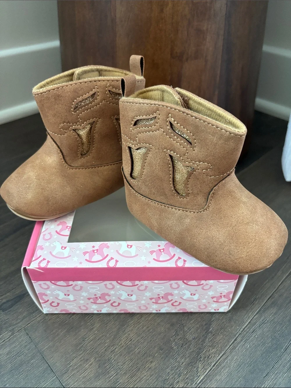 Pixie Bloom Cowboy booties,soft side metallic gold accent,Velcro, pull on tab